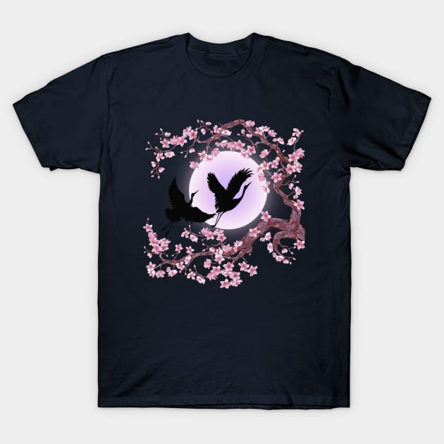 Cranes with a Sakura Moon T-Shirt by kestrelle